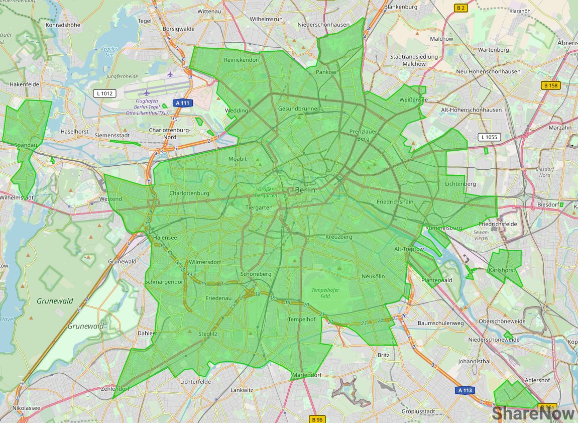 ShareNow Geschäftsgebiet Berlin Geschäftsgebiet ShareNow in Berlin